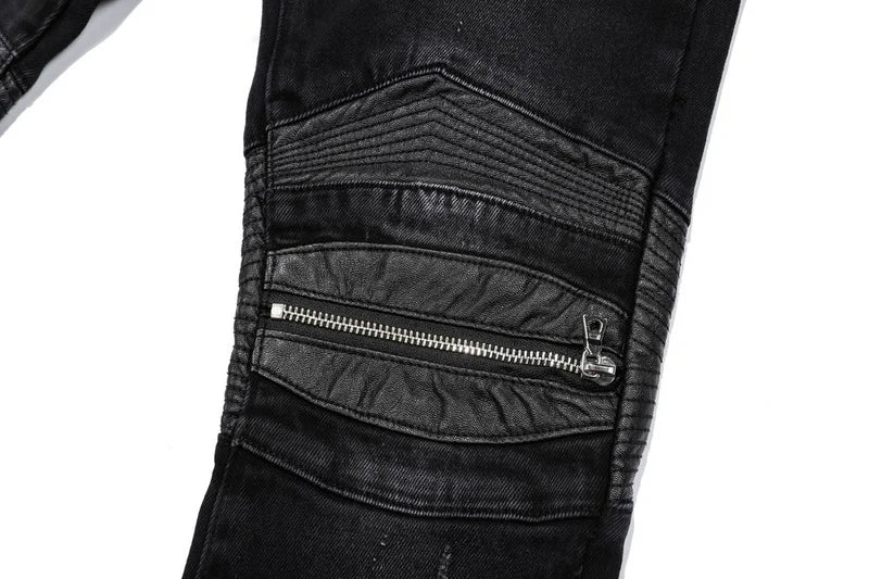 knee zipper hole patckwork skinny denim jeans men casual slim biker trousers jeans fashion streetwear hip hop jean pants joggers unique joggers style 38