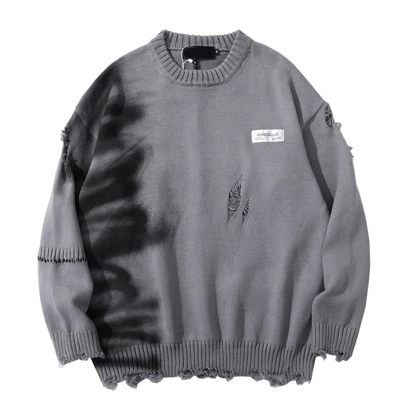 Mens Hip Hop Destroy Ripped Holes Streetwear Graffiti Harajuku Sweater Vintage Retro Knitted Sweater New Casual Cotton Pullover Street King Limited