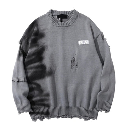 Mens Hip Hop Destroy Ripped Holes Streetwear Graffiti Harajuku Sweater Vintage Retro Knitted Sweater New Casual Cotton Pullover Street King Limited