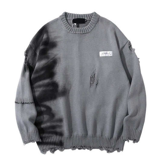 Mens Hip Hop Destroy Ripped Holes Streetwear Graffiti Harajuku Sweater Vintage Retro Knitted Sweater New Casual Cotton Pullover Street King Limited