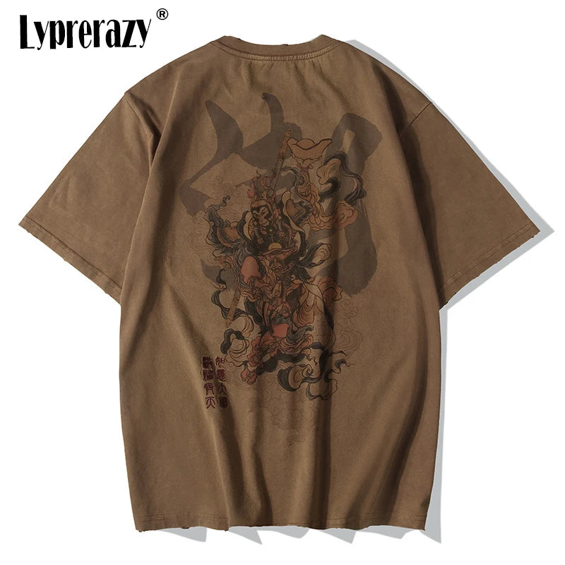 Lyprerazy Chinese Vintage Monkey King Embroidery T Shirt Men Tshirt Men Streetwear T-Shirt Hip Hop 4XL Clothes Brown Cotton Street King Limited