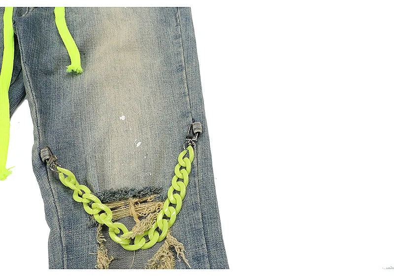 high street knee hole with chain ripped biker jeans mens slim fit denim pants autumn new streetwear casual hip hop pants joggers unique joggers style 3263