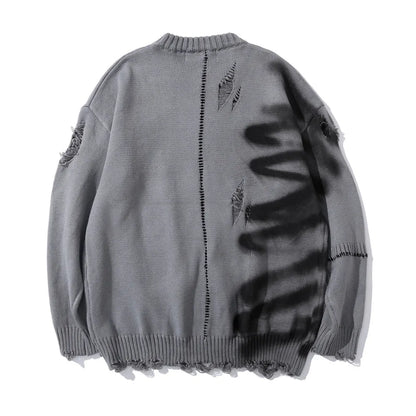 Mens Hip Hop Destroy Ripped Holes Streetwear Graffiti Harajuku Sweater Vintage Retro Knitted Sweater New Casual Cotton Pullover Street King Limited