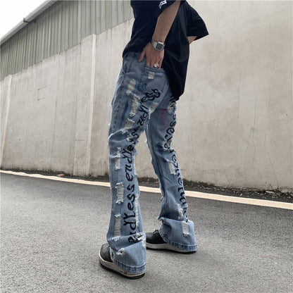 fashion back letters printed denim flare jeans mens zipper straight trouser hip hop destroy holes streetwear jean pants joggers unique joggers style 4657