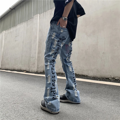fashion back letters printed denim flare jeans mens zipper straight trouser hip hop destroy holes streetwear jean pants joggers relaxed fit joggers