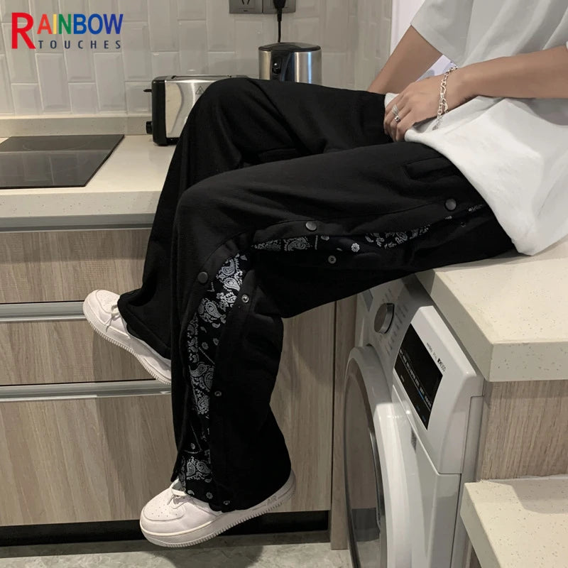 rainbowtouches fashion brand men pants harajuku stitched breasted summer casual bandana pattern hip hop loose wide leg trouser menswear bottoms