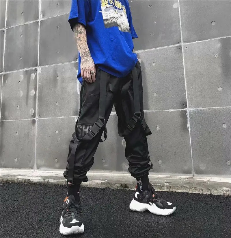 men hip hop black cargo pants joggers sweatpants overalls men ribbons streetwear harem pants women fashions trousers unique joggers style 2522