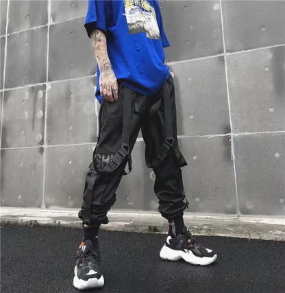 men hip hop black cargo pants joggers sweatpants overalls men ribbons streetwear harem pants women fashions trousers unique joggers style 2522