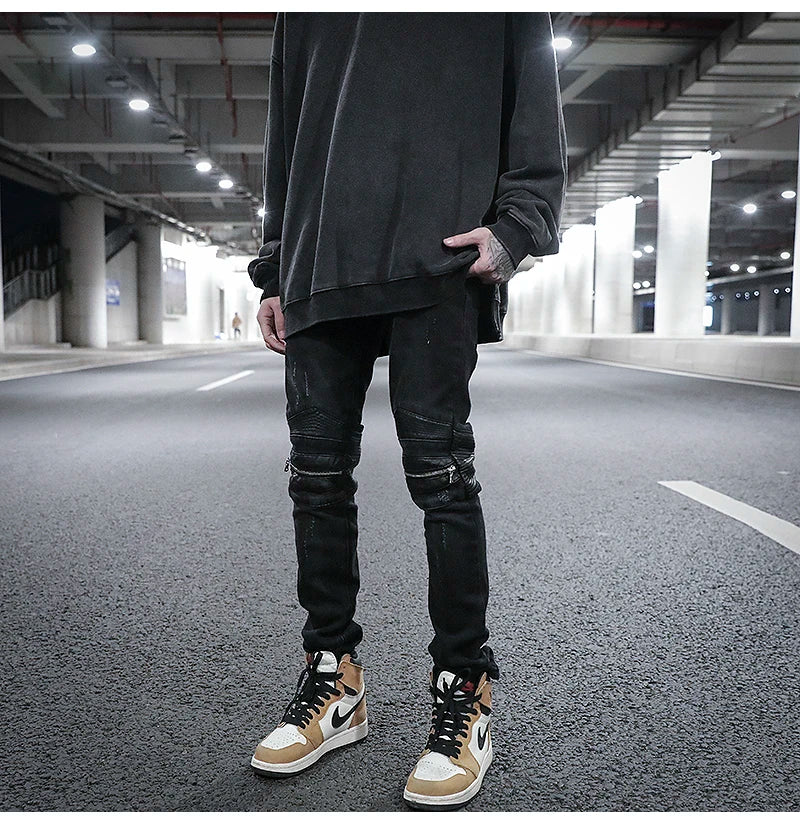 knee zipper hole patckwork skinny denim jeans men casual slim biker trousers jeans fashion streetwear hip hop jean pants joggers unique joggers style 21