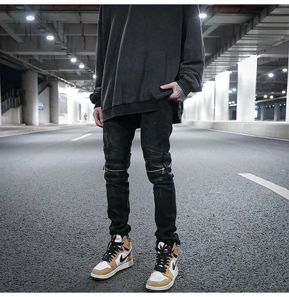 knee zipper hole patckwork skinny denim jeans men casual slim biker trousers jeans fashion streetwear hip hop jean pants joggers unique joggers style 21