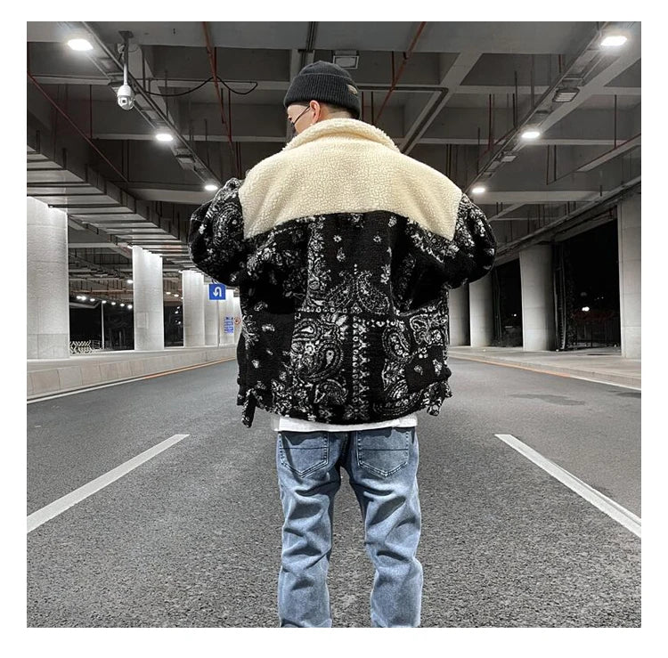 mens paisley fleece jackets coats fashion hairy single button loose bomber outerwears casual warm parkas thick streetwear jacket unique default style 5310