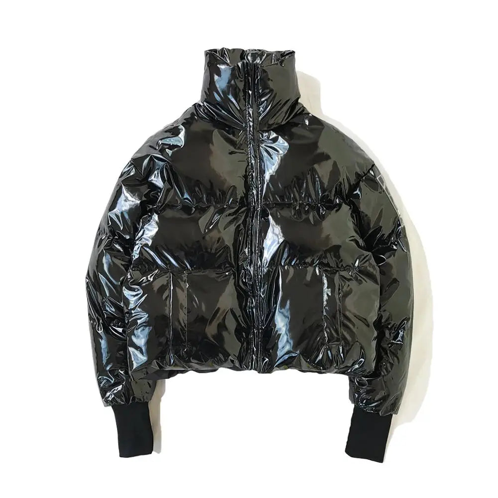 NEW Winter collar loose bright leather fabric jacket wind thick warm coat men women couple purple cotton clothing Street King Limited
