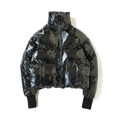 NEW Winter collar loose bright leather fabric jacket wind thick warm coat men women couple purple cotton clothing Street King Limited