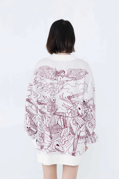 Vintage Knitted Sweater Harajuku Ukiyo-e Style Skull Graffiti Pullover 2021 Autumn Streetwear Sweater Men Women Cotton Knitwear Street King Limited