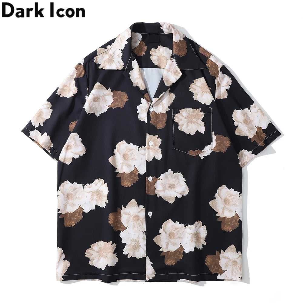 Dark Icon Floral Hawaiian Shirt Men Tur-down Collar Men's Polo Shirt Black White Street King Limited