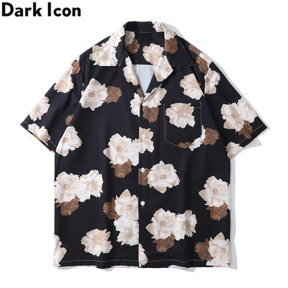 Dark Icon Floral Hawaiian Shirt Men Tur-down Collar Men's Polo Shirt Black White Street King Limited