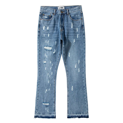swag washed destroyed flare jeans streetwear hip hop slim fit ripped men black blue colorblocked flared denim pant for men urban skinny jeans