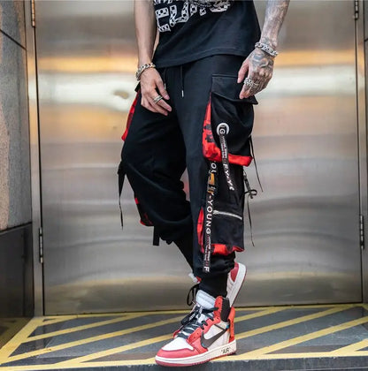 men hip hop black cargo pants joggers sweatpants overalls men ribbons streetwear harem pants women fashions trousers unique joggers style 2506