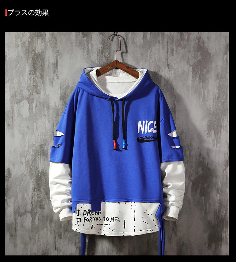 Men Ribben Hooded Sweatshirt Autumn Male Fashion Hoodie Men's Sweatshirts Solid Color Splice Hoodies Street Style Street King Limited