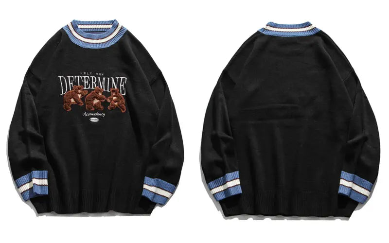 GONTHWID Bear Patchwork Striped Knitted Jumpers Sweaters Streetwear Hip Hop Harajuku Casual Pullover knitwear Mens Fashion Tops Street King Limited