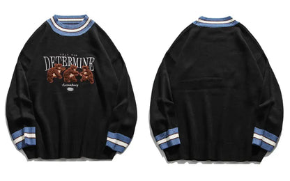 GONTHWID Bear Patchwork Striped Knitted Jumpers Sweaters Streetwear Hip Hop Harajuku Casual Pullover knitwear Mens Fashion Tops Street King Limited