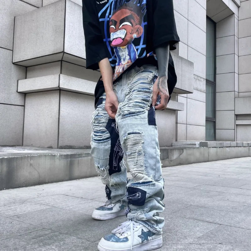 men high street denim jean pants casual loose destroyed ripped holes straight jeans fashion patchwork hip hop streetwear joggers unique joggers style 3501