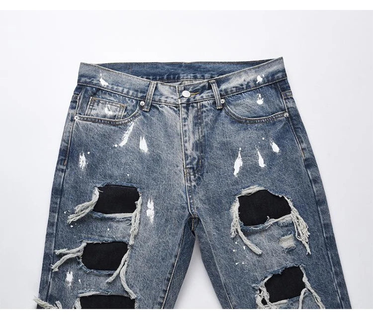 men ripped holes denim jean pants hip hip new fashion straight patchwork pants new casual jeans streetwear mens trousers joggers unique joggers style 397