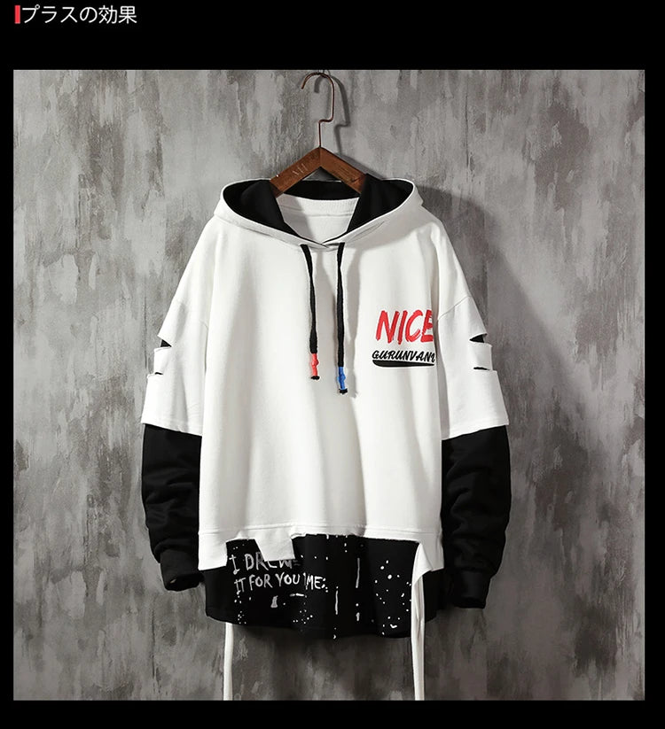 Men Ribben Hooded Sweatshirt Autumn Male Fashion Hoodie Men's Sweatshirts Solid Color Splice Hoodies Street Style Street King Limited
