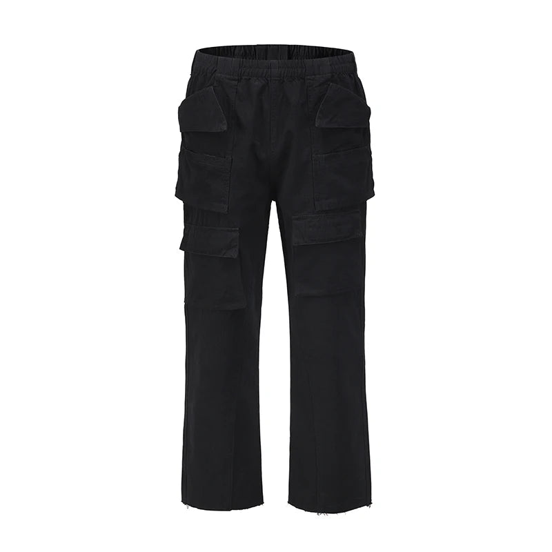 Harajuku Multi-pockets Straight Flare Pants Mens High Street Elastic Waist Solid Loose Casual Cargo Pants Hip Hop Baggy Trousers Street King Limited