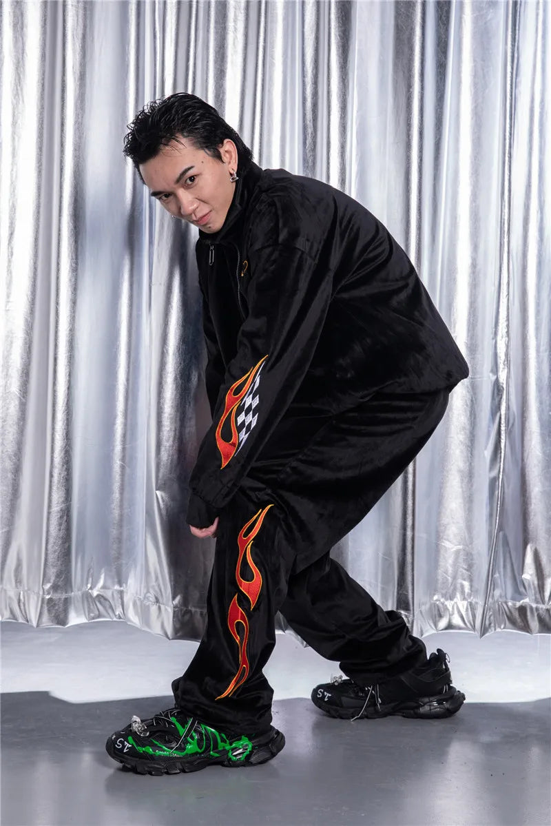 2 pieces set men embroidery velvet zipper jacket and elastic waist loose straight pants sweatsuit hip hop tracksuits sweatsuit urban fashion pants