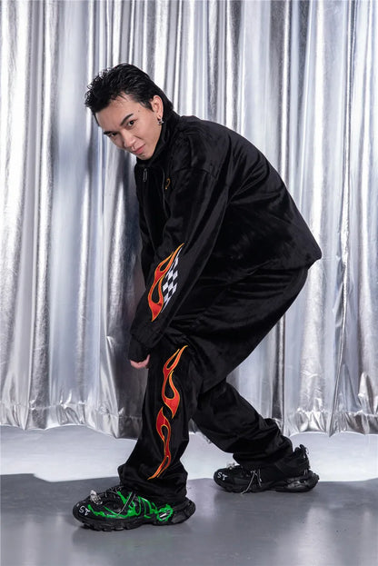 2 pieces set men embroidery velvet zipper jacket and elastic waist loose straight pants sweatsuit hip hop tracksuits sweatsuit urban fashion pants