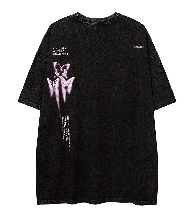 Aolamegs Butterfly Inkjet Letter Print Washed T-shirt Men Short Sleeve Tops Retro High Street Baggy Oversized Tees Shirts Couple Street King Limited