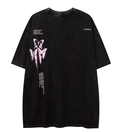Aolamegs Butterfly Inkjet Letter Print Washed T-shirt Men Short Sleeve Tops Retro High Street Baggy Oversized Tees Shirts Couple Street King Limited