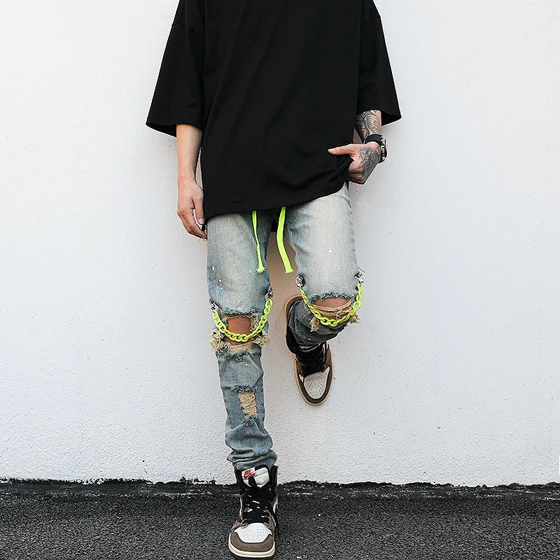 high street knee hole with chain ripped biker jeans mens slim fit denim pants autumn new streetwear casual hip hop pants joggers streetwear sweatpants