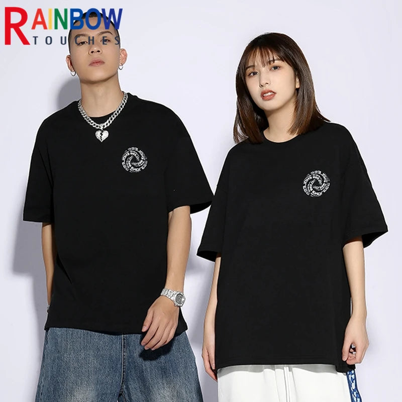 Rainbowtouhes 2022 New Half Sleeve Cotton Unisex Trendy T-shirt Men High Street Fashion Hip Hop Style Circle Pattern T Shirts Street King Limited