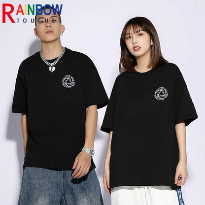 Rainbowtouhes 2022 New Half Sleeve Cotton Unisex Trendy T-shirt Men High Street Fashion Hip Hop Style Circle Pattern T Shirts Street King Limited