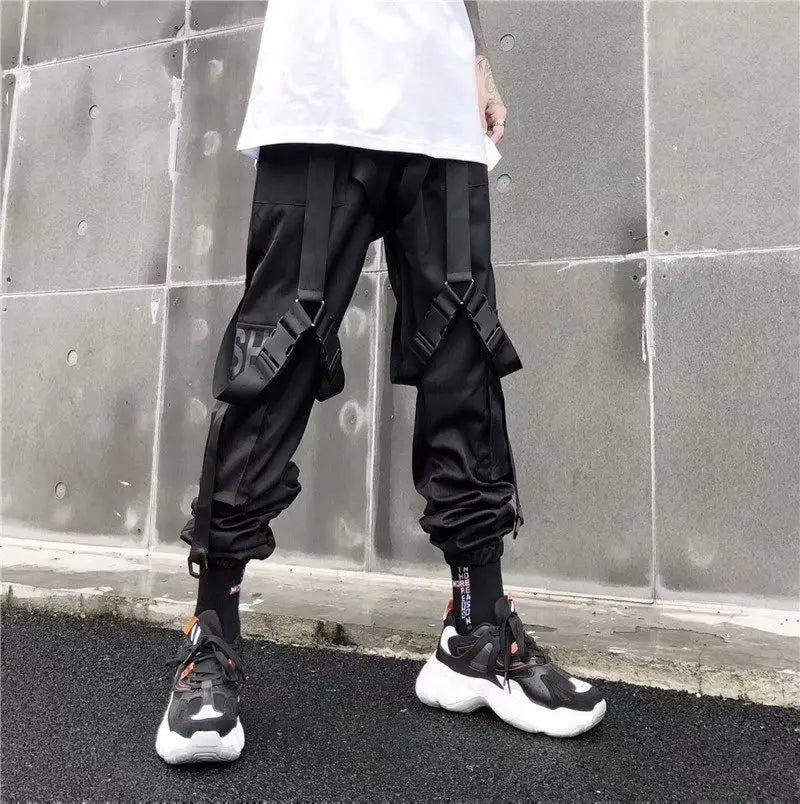 men hip hop black cargo pants joggers sweatpants overalls men ribbons streetwear harem pants women fashions trousers unique joggers style 2521