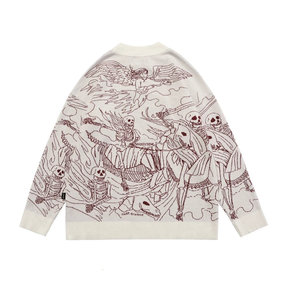 Vintage Knitted Sweater Harajuku Ukiyo-e Style Skull Graffiti Pullover 2021 Autumn Streetwear Sweater Men Women Cotton Knitwear Street King Limited