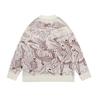 Vintage Knitted Sweater Harajuku Ukiyo-e Style Skull Graffiti Pullover 2021 Autumn Streetwear Sweater Men Women Cotton Knitwear Street King Limited