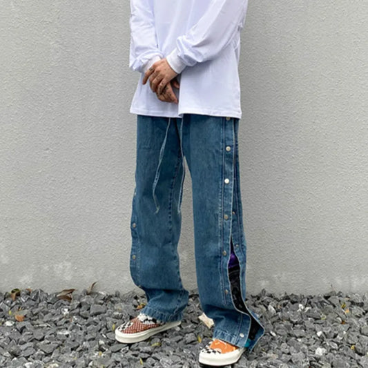 men side buttons patchwork harajuku straight denim jean pants casual elastic waist jeans trousers hip hop new streetwear joggers casual joggers