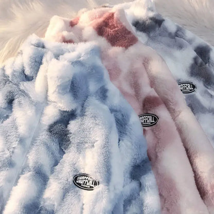 Tie-dyed lamb wool oversized sweater women's fried street high-end sense of warmth couples cotton coat loose lamb plush jacket Street King Limited