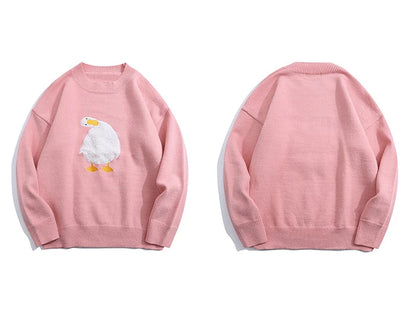 Men Harajuku Sweater Cartoon Duck Goose Embroidery Knitted Pullover Japanese College Style O-Neck Jumper Unisex Spring Autunm Street King Limited