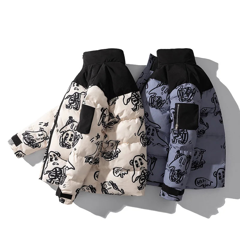 Cotton Padded Thick Parkas Jackets Streetwear Hip Hop Print Windproof Warm Zip Coats Fashion Harajuku Outwear Mens Clothing Street King Limited