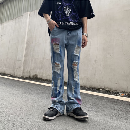 fashion back letters printed denim flare jeans mens zipper straight trouser hip hop destroy holes streetwear jean pants joggers unique joggers style 4654