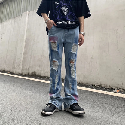 fashion back letters printed denim flare jeans mens zipper straight trouser hip hop destroy holes streetwear jean pants joggers casual joggers
