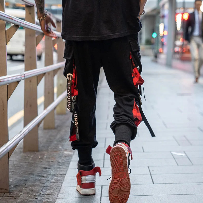 men hip hop black cargo pants joggers sweatpants overalls men ribbons streetwear harem pants women fashions trousers relaxed fit joggers
