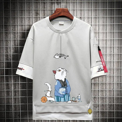 Hip Hop Kahaki T Shirt Short Sleeve Kawaii Harajuku Cat T Shirts Fashion Tee Streetwear Japan High Street Shirt Men 2021 Tops Street King Limited