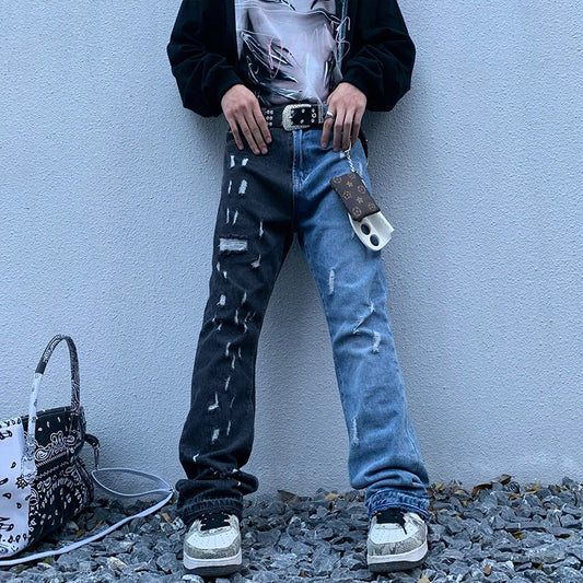 swag washed destroyed flare jeans streetwear hip hop slim fit ripped men black blue colorblocked flared denim pant for men denim street jeans
