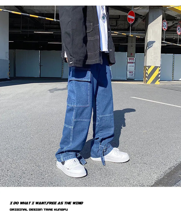 men jeans wide leg denim pants loose straight baggy mens jeans hip hop streetwear skateboard neutral denim trousers cargo jeans unique cargo style 2464