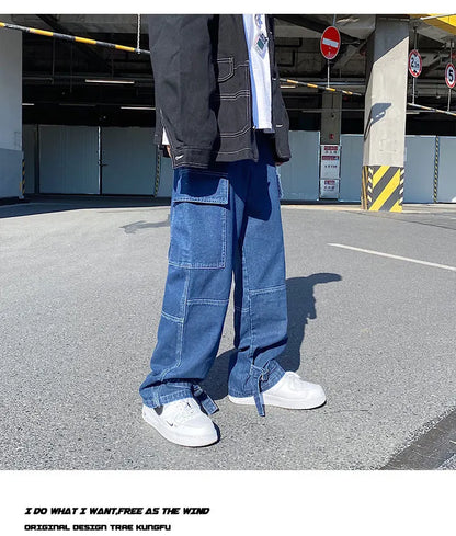 men jeans wide leg denim pants loose straight baggy mens jeans hip hop streetwear skateboard neutral denim trousers cargo jeans unique cargo style 2464